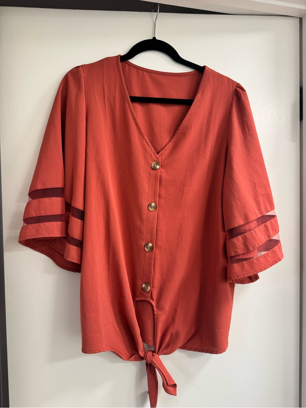 Tie-Front V-Neck Flutter Sleeve Top - Rust